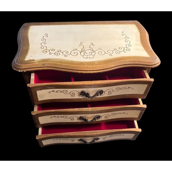 Vtg  60s Apco Japan Wooden Jewelry Chest Music Box 3 Velvet-Lined Drawers Hand-P - Picture 2 of 8